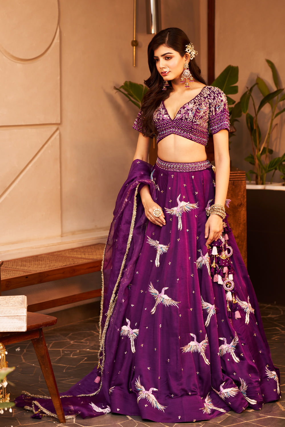 Indrani Purple Dupion Silk Bird V-Neck Embellishment & Embroidered Lehenga Set