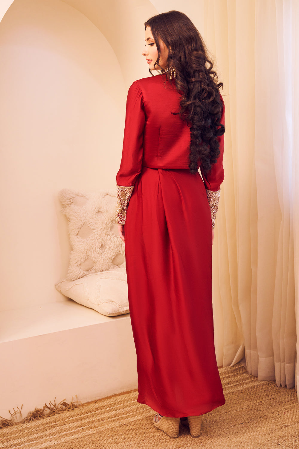 Chaand Maroon Satin Silk Lining Shantoon Padma Jacket Draped Dhoti Skirt Set