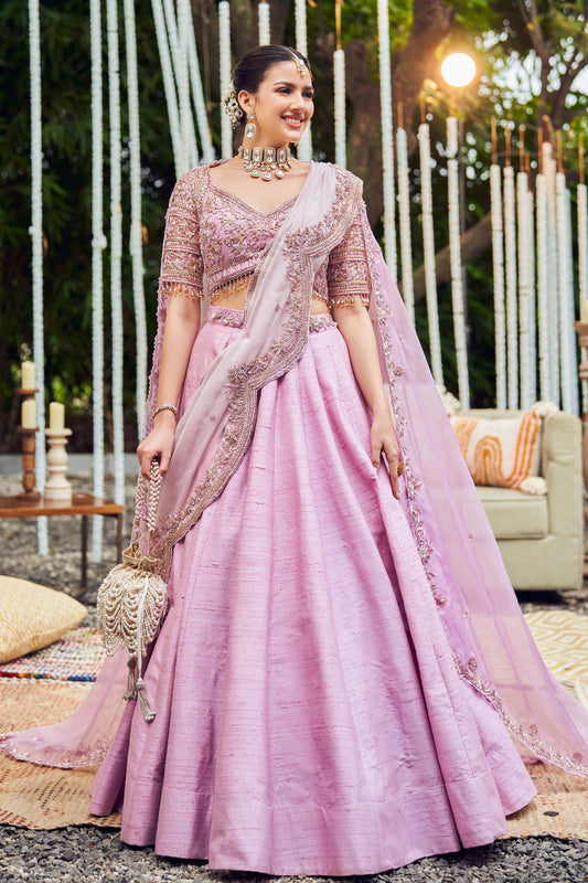 Lilac Lullaby Raw Silk Embroidery Sequin Bloom Waistband Lehenga Set