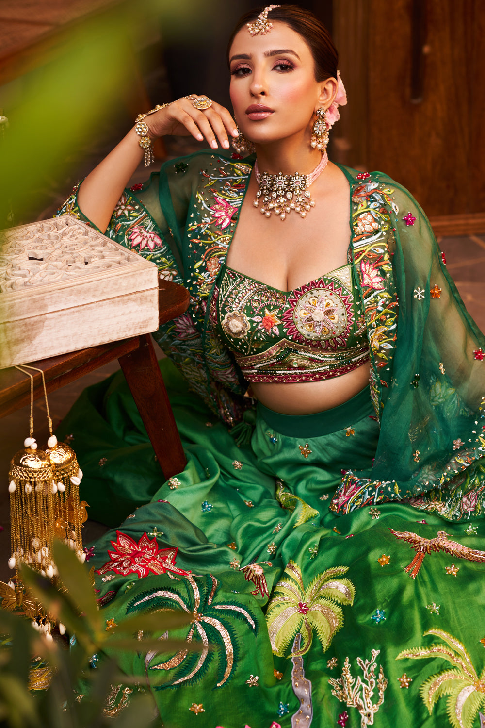 Urvashi Green Kora Organza Embellished & Embroidered Lehenga Set