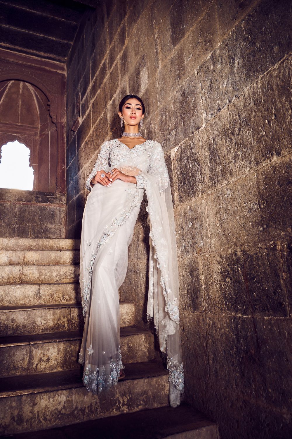 Lunaire Powder Blue Embellished Net Saree and V-neck Blouse