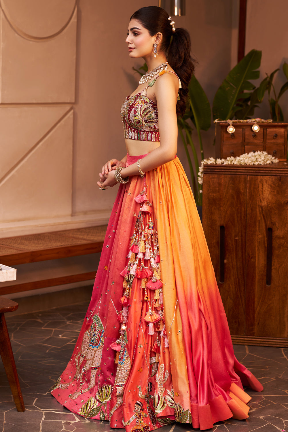 Madhubala Pink Chanderi At Sunset Embroidered Lehenga With Bustier