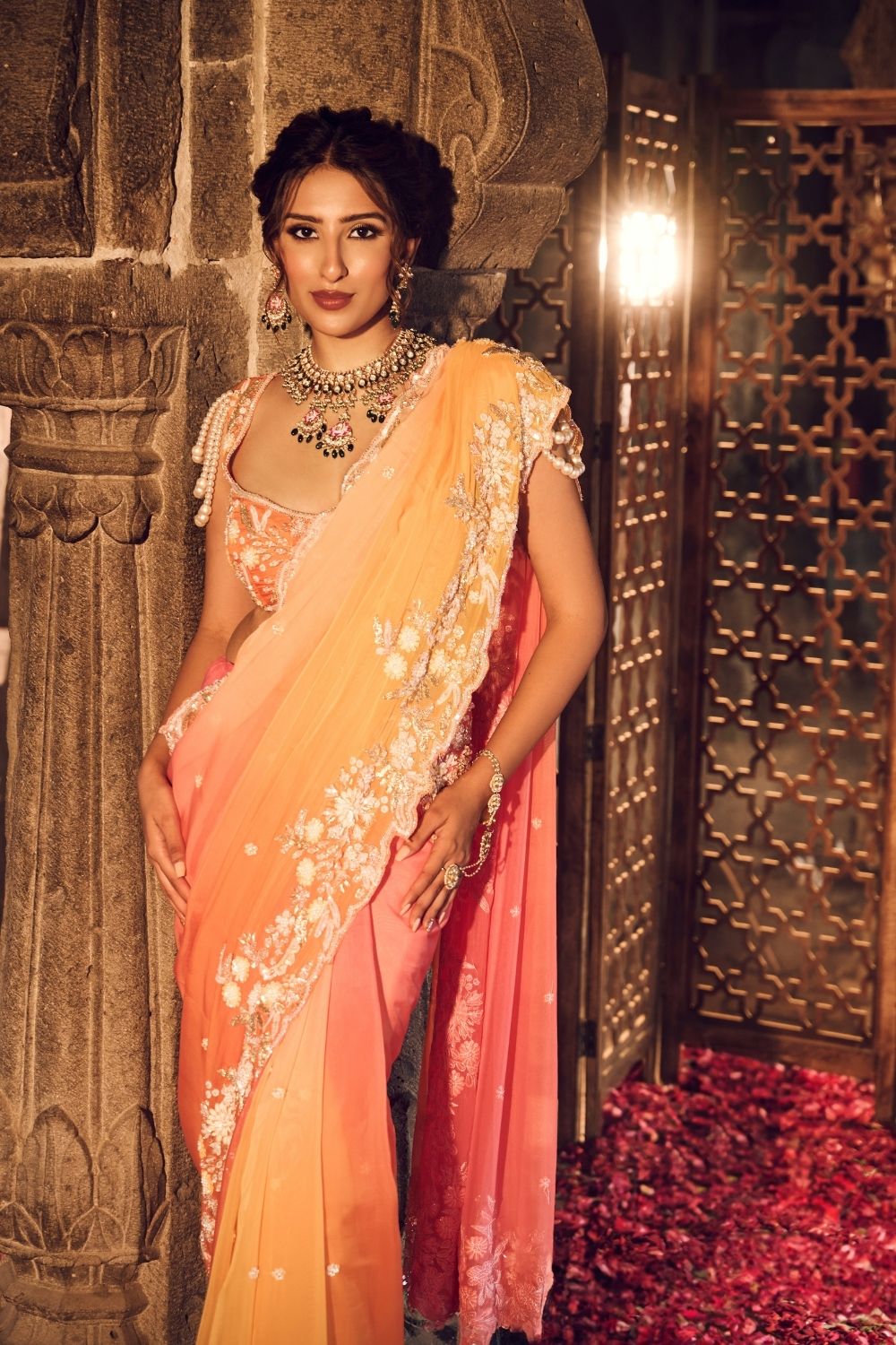 Zainab Orange Yellow Viscose Organza Lining Shantoon Floral Saree With Blouse