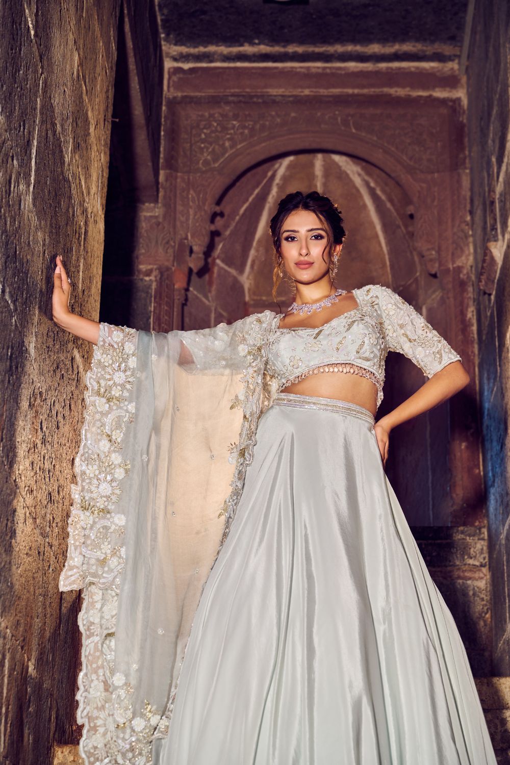 Oceane Powder Blue Embellished Crepe Lehenga with Blouse and Dupatta