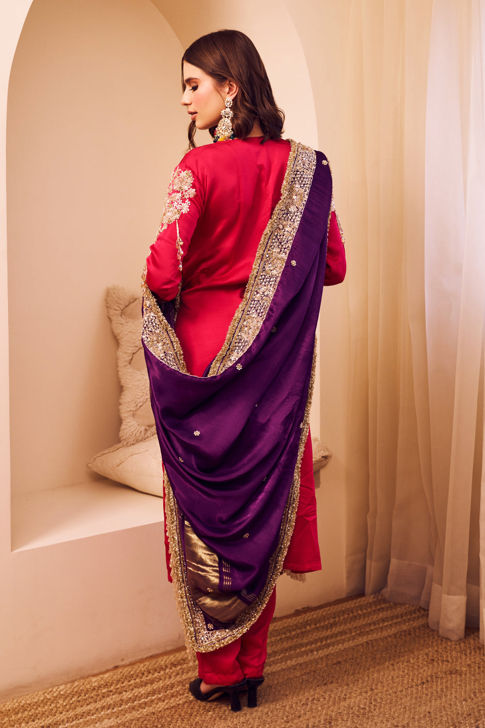 Gehraaiyaan Hot Pink Purple Satin Silk Embroidery Sequin Mughal Blossom Kurta Pant Set