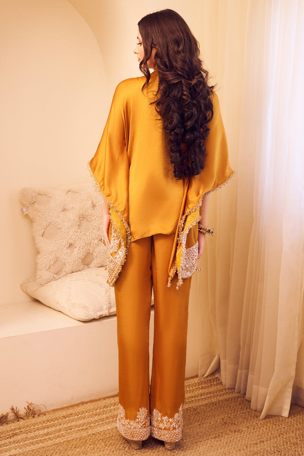 Seher Yellow Satin Silk Lining Shantoon Embroidery Gullista Kaftan With Pant