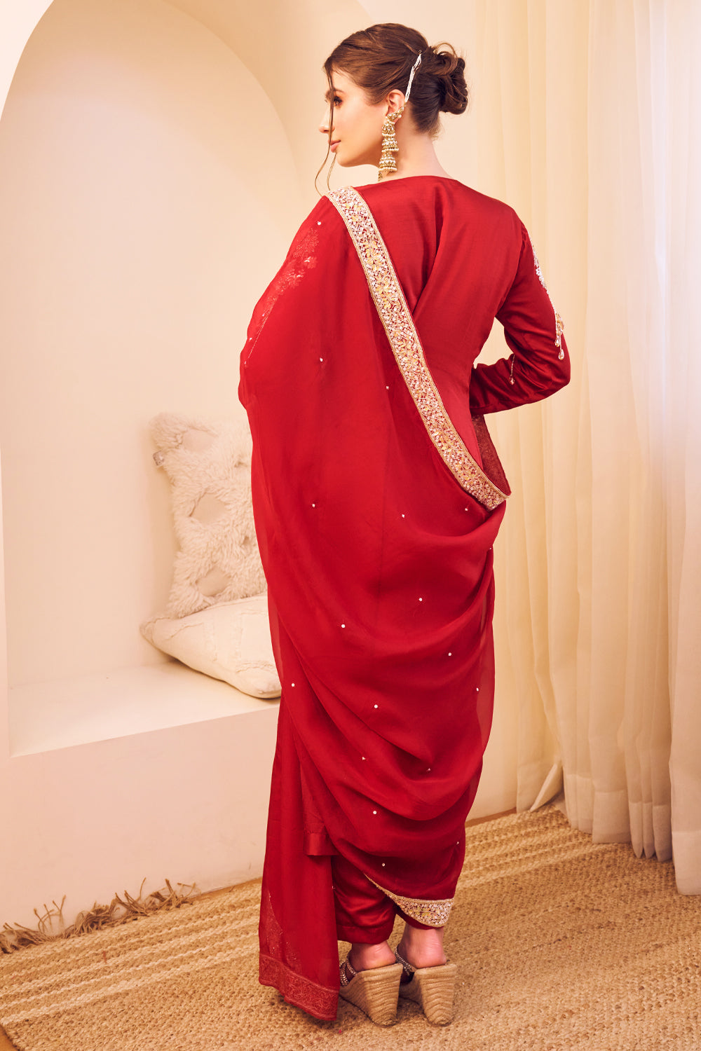 Gehraaiyaan Maroon Satin Silk Embroidery Sequin Mughal Bloom Kurta Pant Set