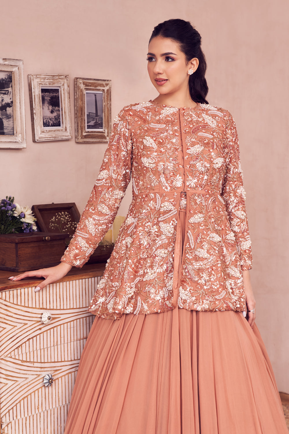 Magical Rose Gold Lining Shantoon Embellished Peplum Blouse With Lehenga
