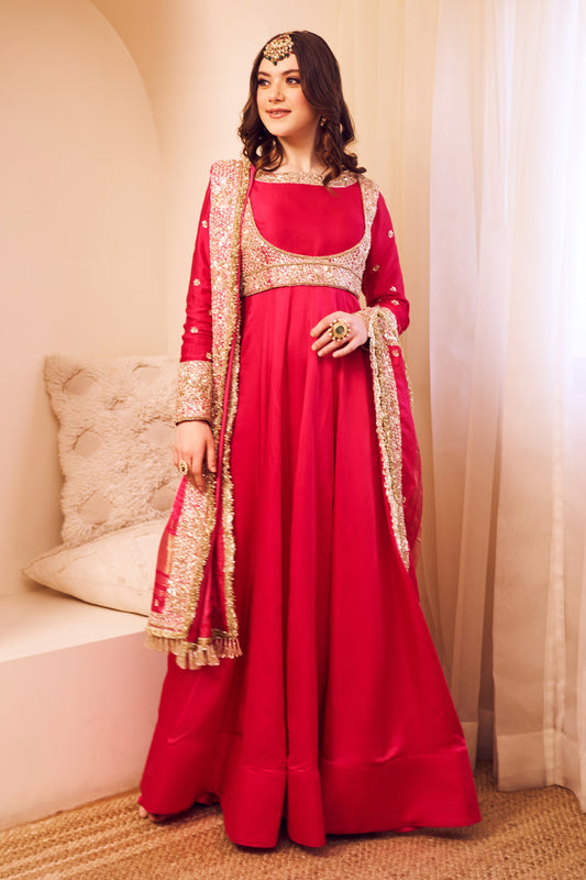 Meherbaan Pink Satin Silk Lining Shantoon Embroidery Ditsy Flora Anarkali Set