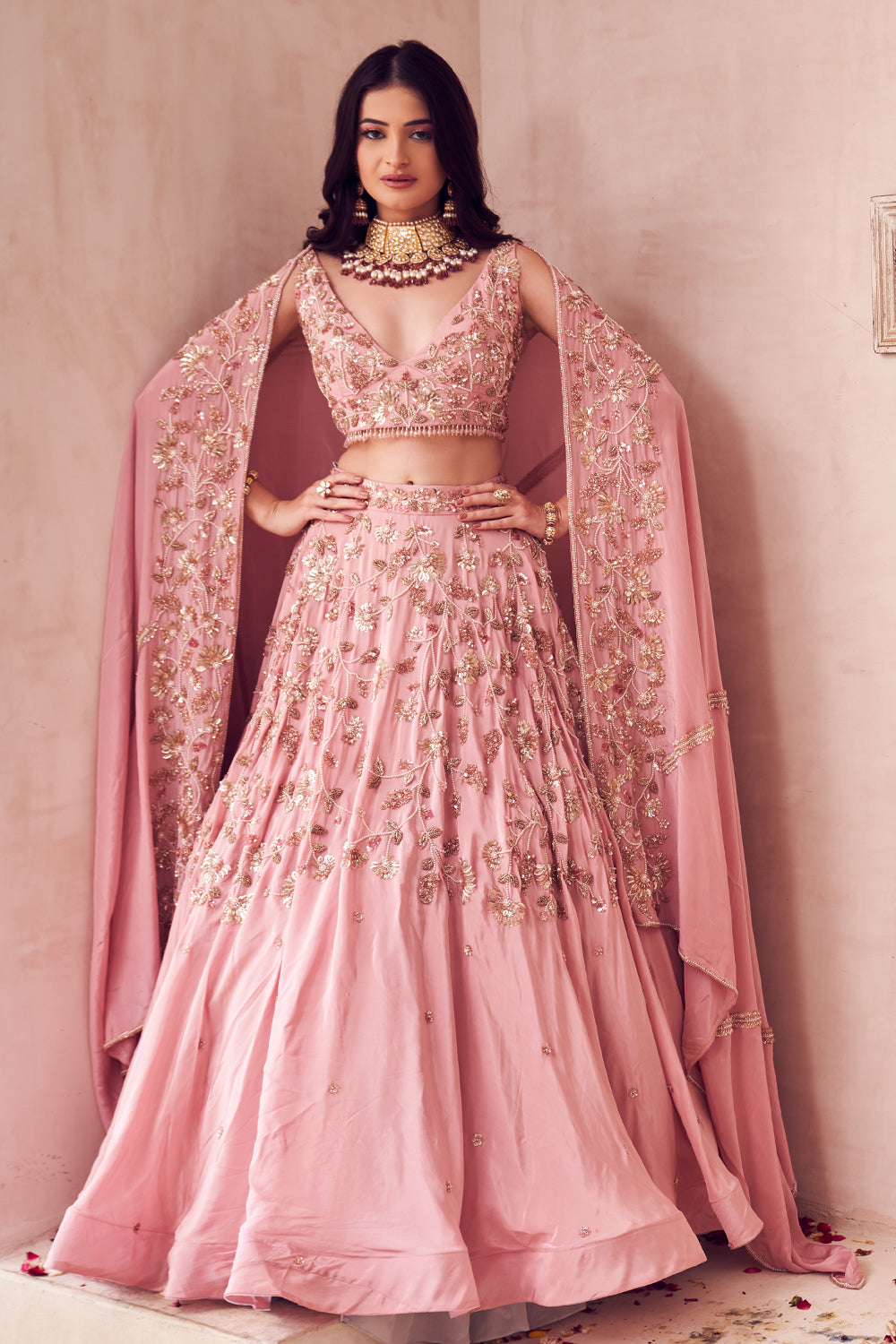 Floral Fountain Pink Crepe Lining Shantoon Embroidery Bridal Lehenga Set