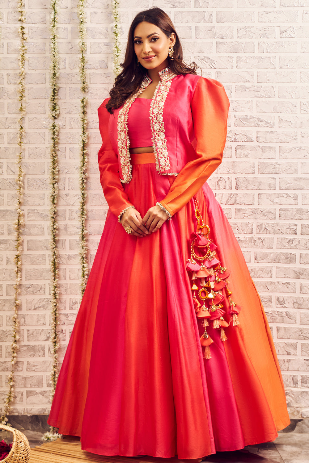 Shagna Riwayaat Orange Pink Chanderi Skirt and Bustier with Jacket