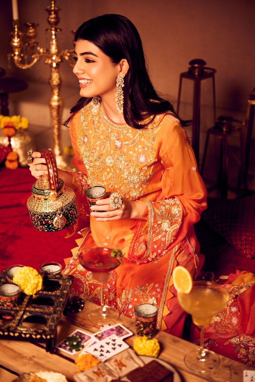 Saffron Glow Orange Viscose Organza Embellished Kurta Set with Dupatta