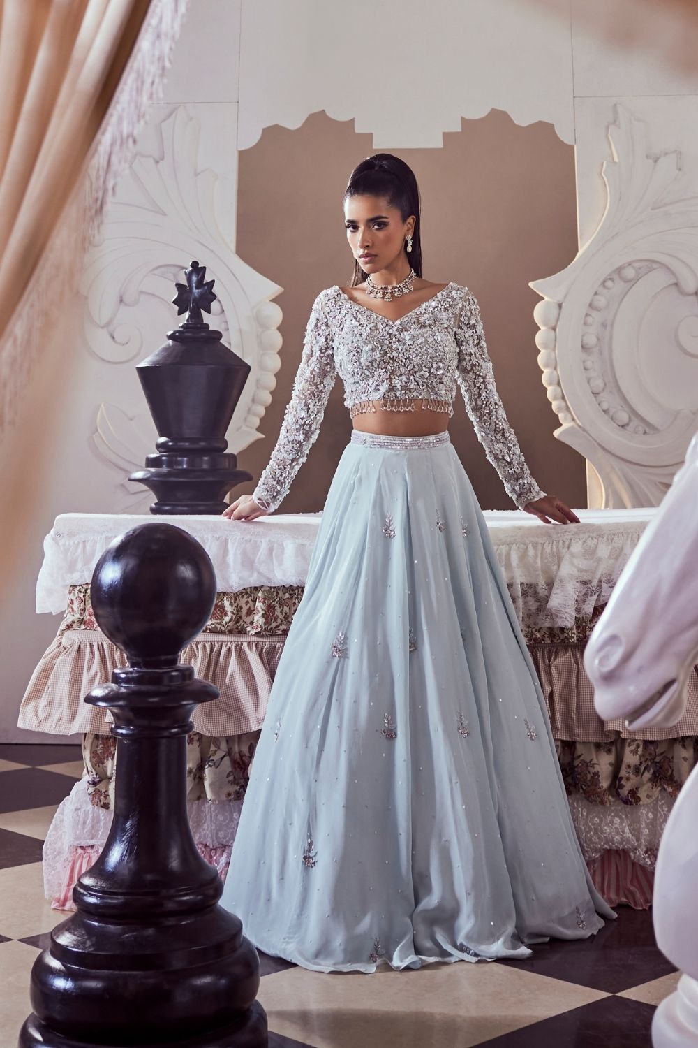 Margaret Powder Blue 3D Stone Embellished Crepe and Net Lehenga Set with Sweet-V Neckline