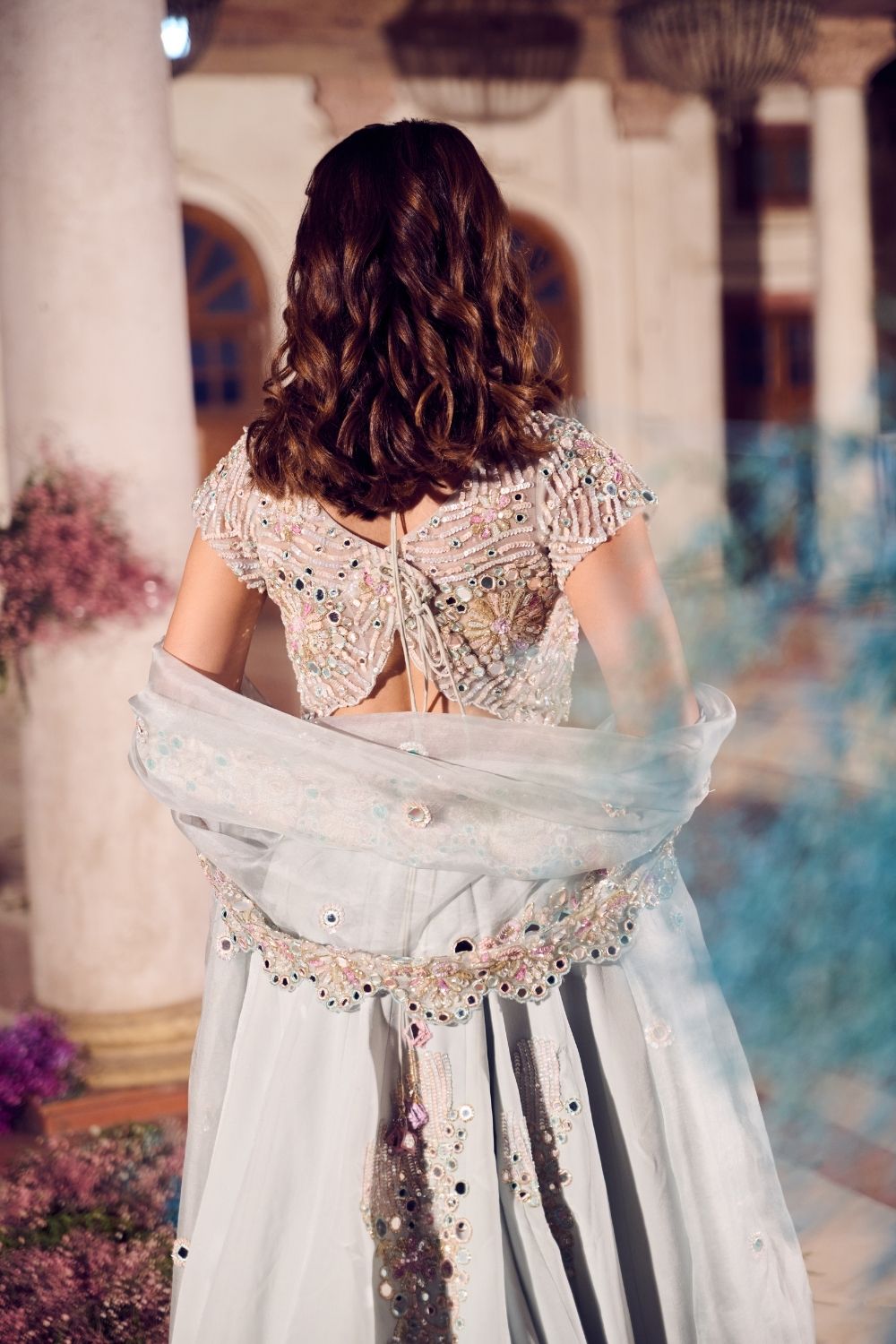 Darya Powder Blue Mirrorwork Lehenga with dupatta