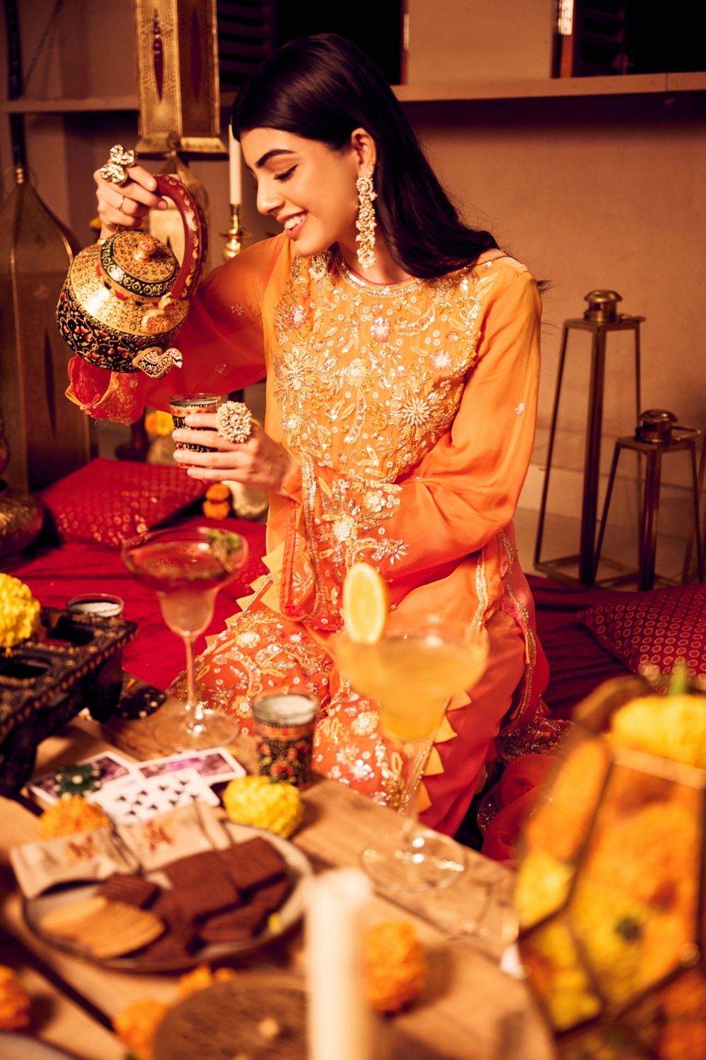 Saffron Glow Orange Viscose Organza Embellished Kurta Set with Dupatta