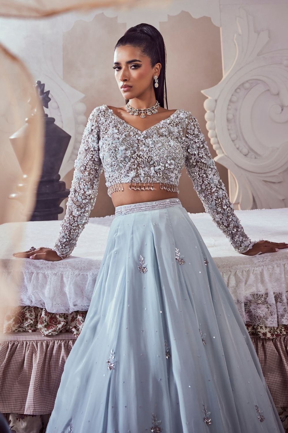 Margaret Powder Blue 3D Stone Embellished Crepe and Net Lehenga Set with Sweet-V Neckline