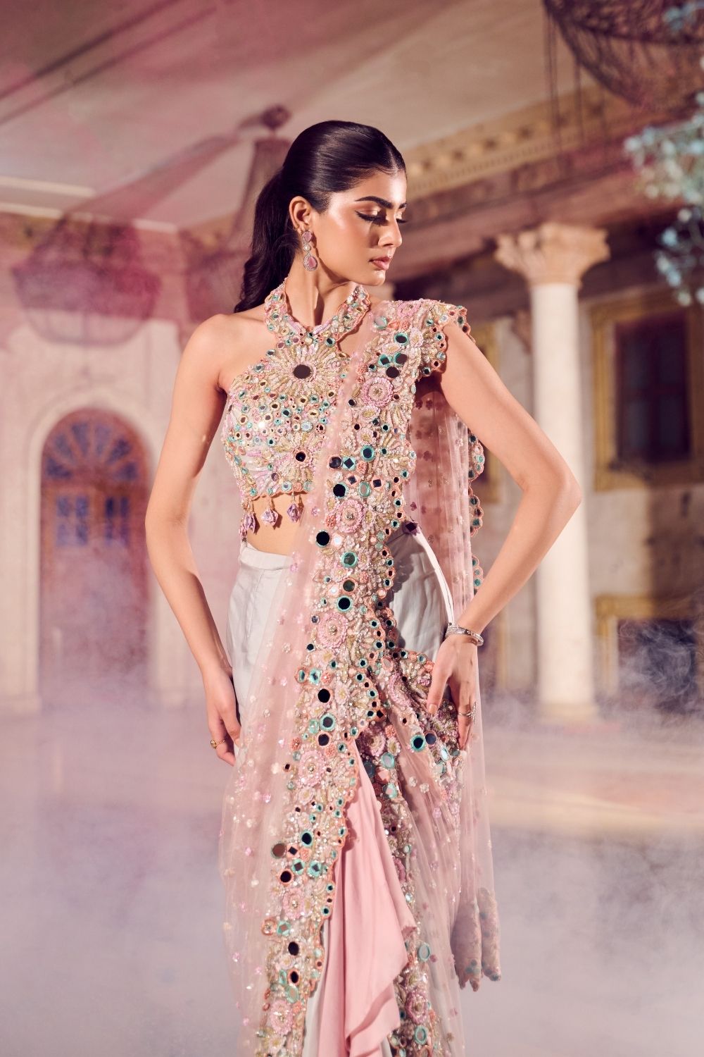 Madhur Rose Gold/Powder Blue Mirrorwork Pre-draped Saree