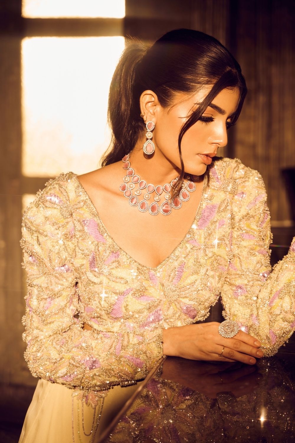 Ara Green Ivory Ombre Embellished V-neck Satin Organza Net Skirt with Crop Top