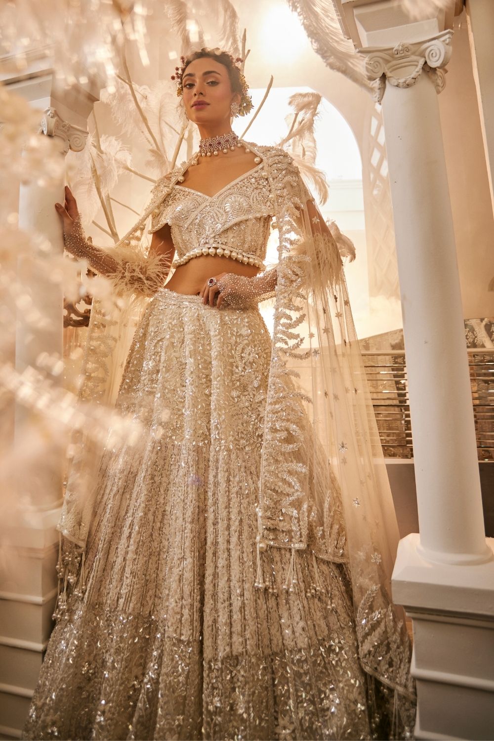 Luna Ivory Embellished Net Lehenga and Off-Shoulder Blouse with Dupatta