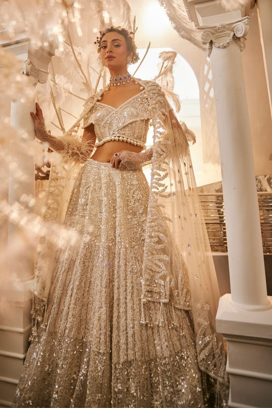 Luna Ivory Embellished Net Lehenga and Off-Shoulder Blouse with Dupatta