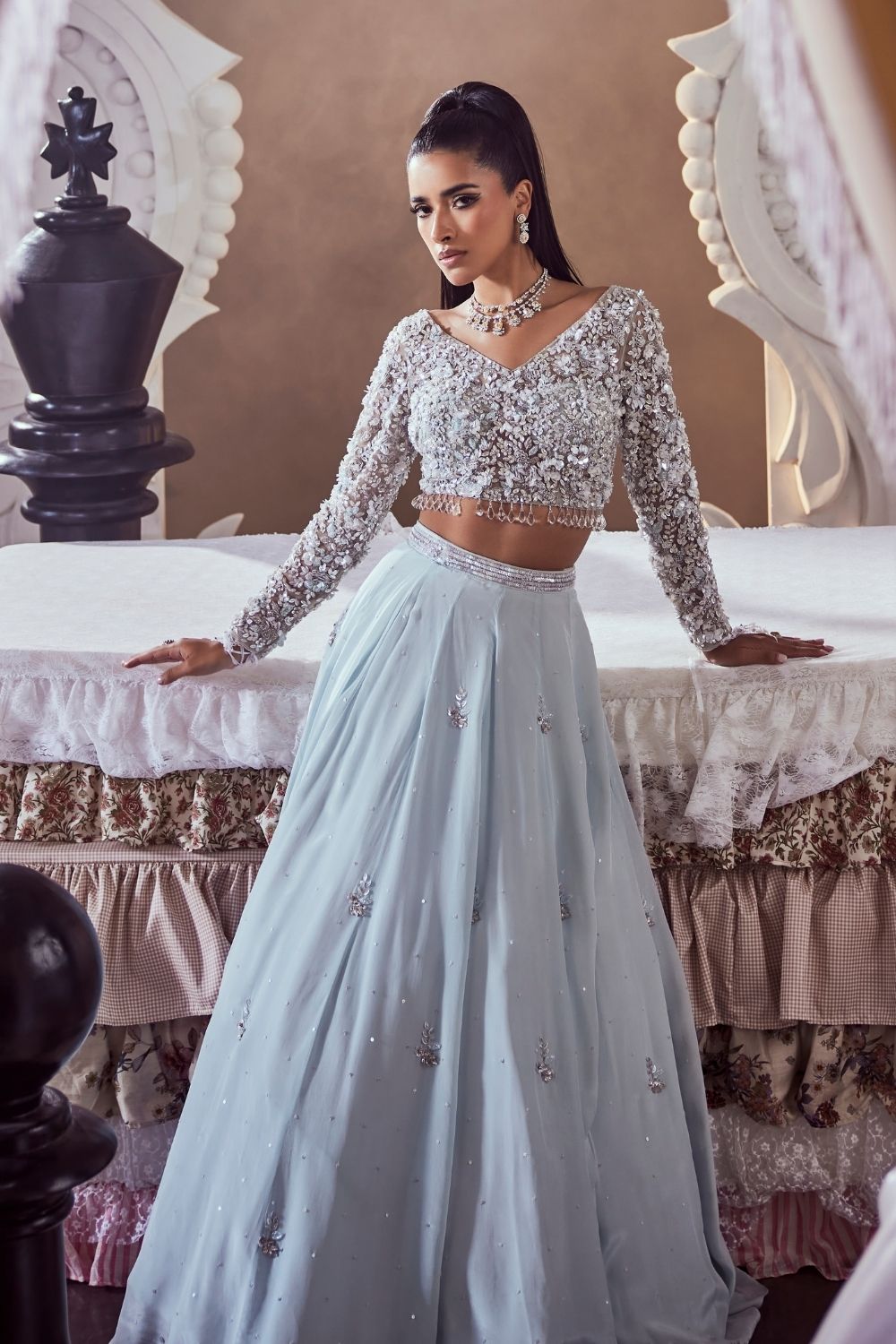 Margaret Powder Blue 3D Stone Embellished Crepe and Net Lehenga Set with Sweet-V Neckline