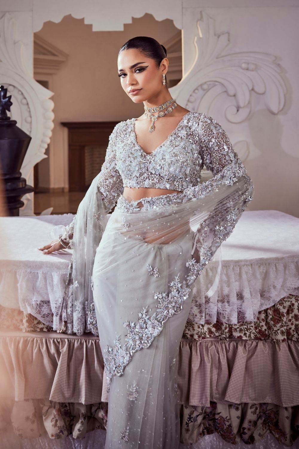 Aurelia Powder Blue 3D Stone Embellished Net Saree Set with Sweet-V Neckline