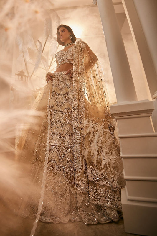 Athena Nude Embellished Net Lehenga and Blouse with Two Dupattas