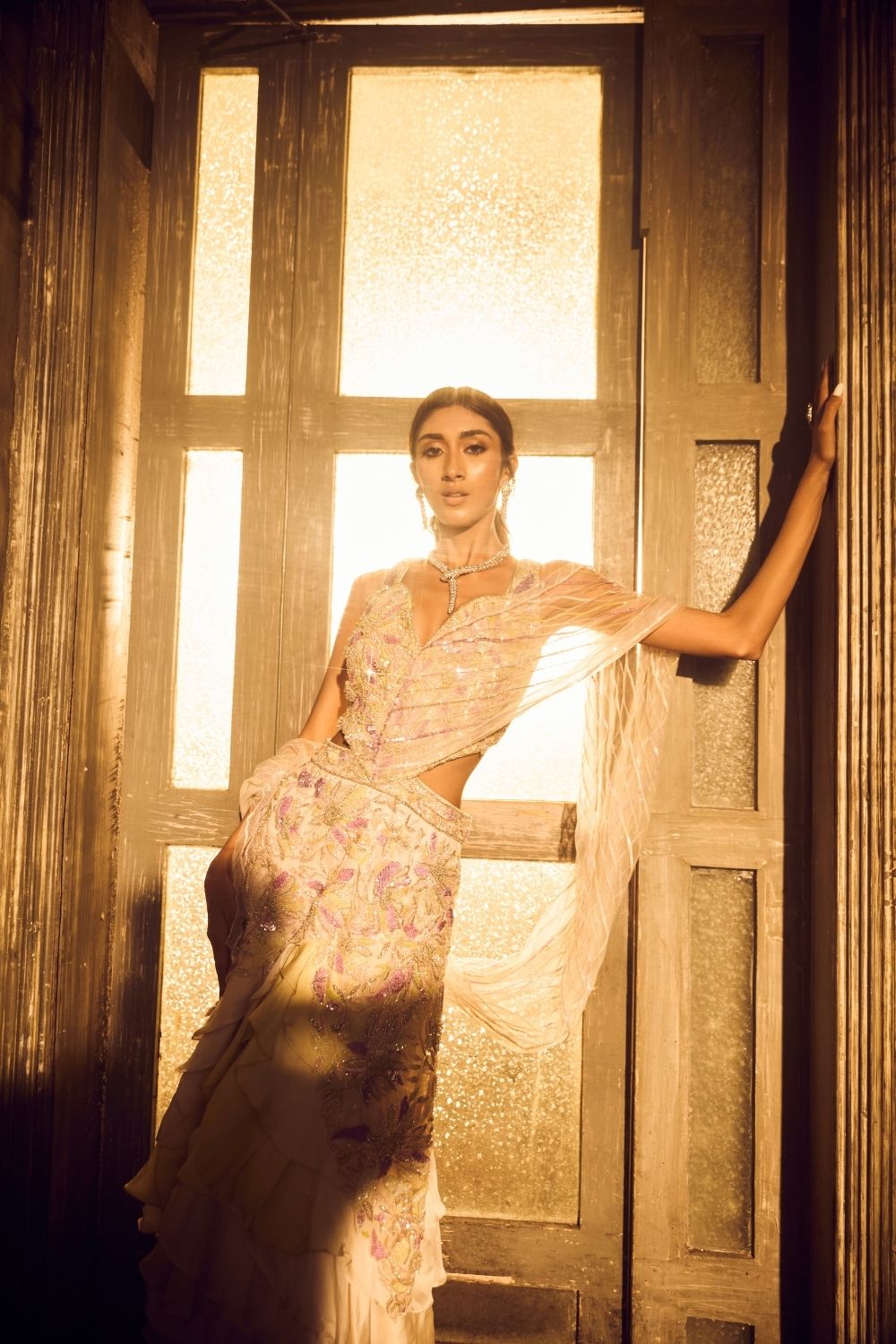 Carina Green Ivory Ombre Embellished V-neck Satin Organza Net Ruffle Gown with Drape