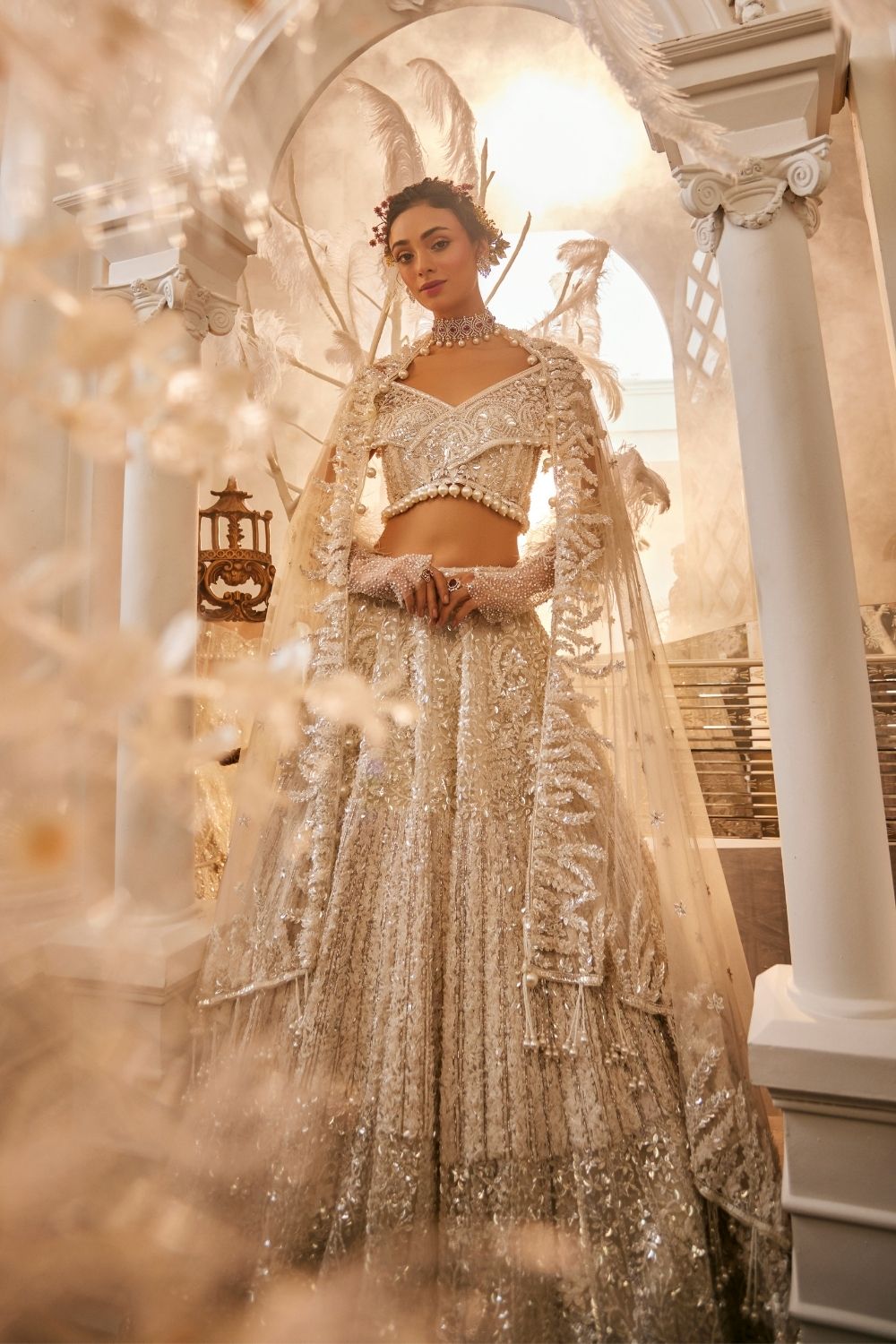 Luna Ivory Embellished Net Lehenga and Off-Shoulder Blouse with Dupatta