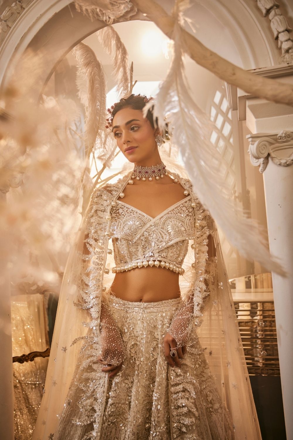 Luna Ivory Embellished Net Lehenga and Off-Shoulder Blouse with Dupatta