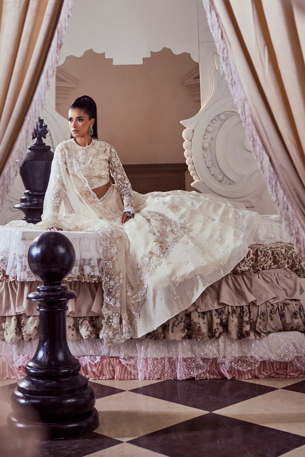 Cordelia Ivory Pearl Embellished Crepe and Net Lehenga Set with Zero Neckline