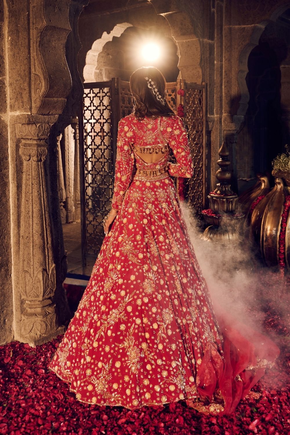 Makhfi Red Crepe Kora Organza Lining Shantoon Embellished Bridal Lehenga Set