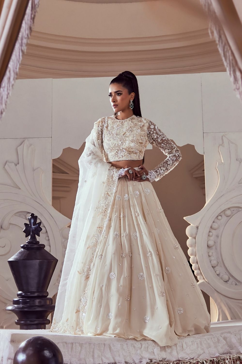 Cordelia Ivory Pearl Embellished Crepe and Net Lehenga Set with Zero Neckline