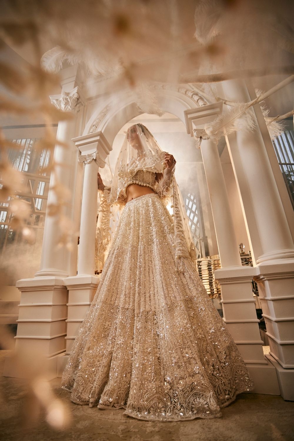 Luna Ivory Embellished Net Lehenga and Off-Shoulder Blouse with Dupatta