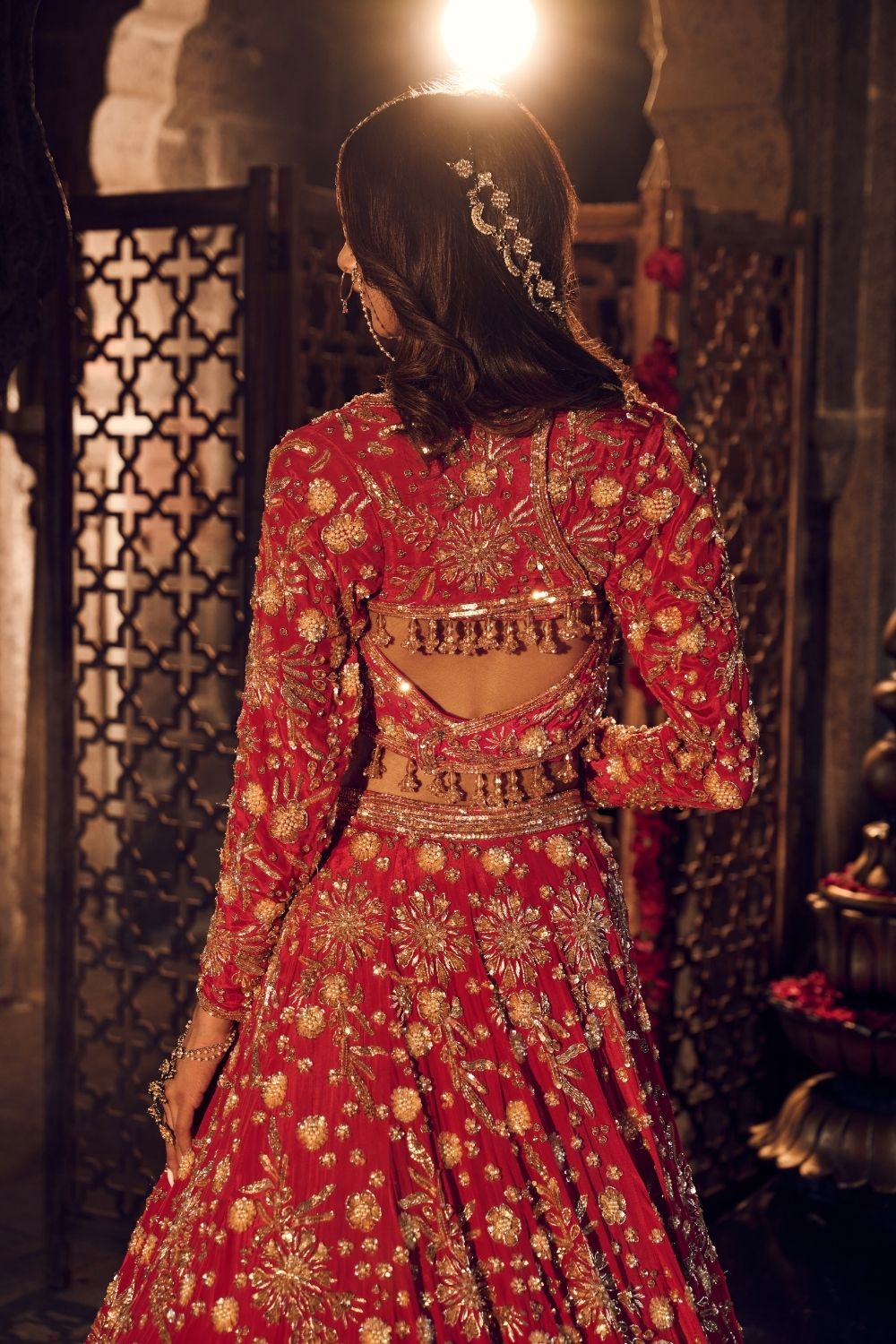 Makhfi Red Crepe Kora Organza Lining Shantoon Embellished Bridal Lehenga Set