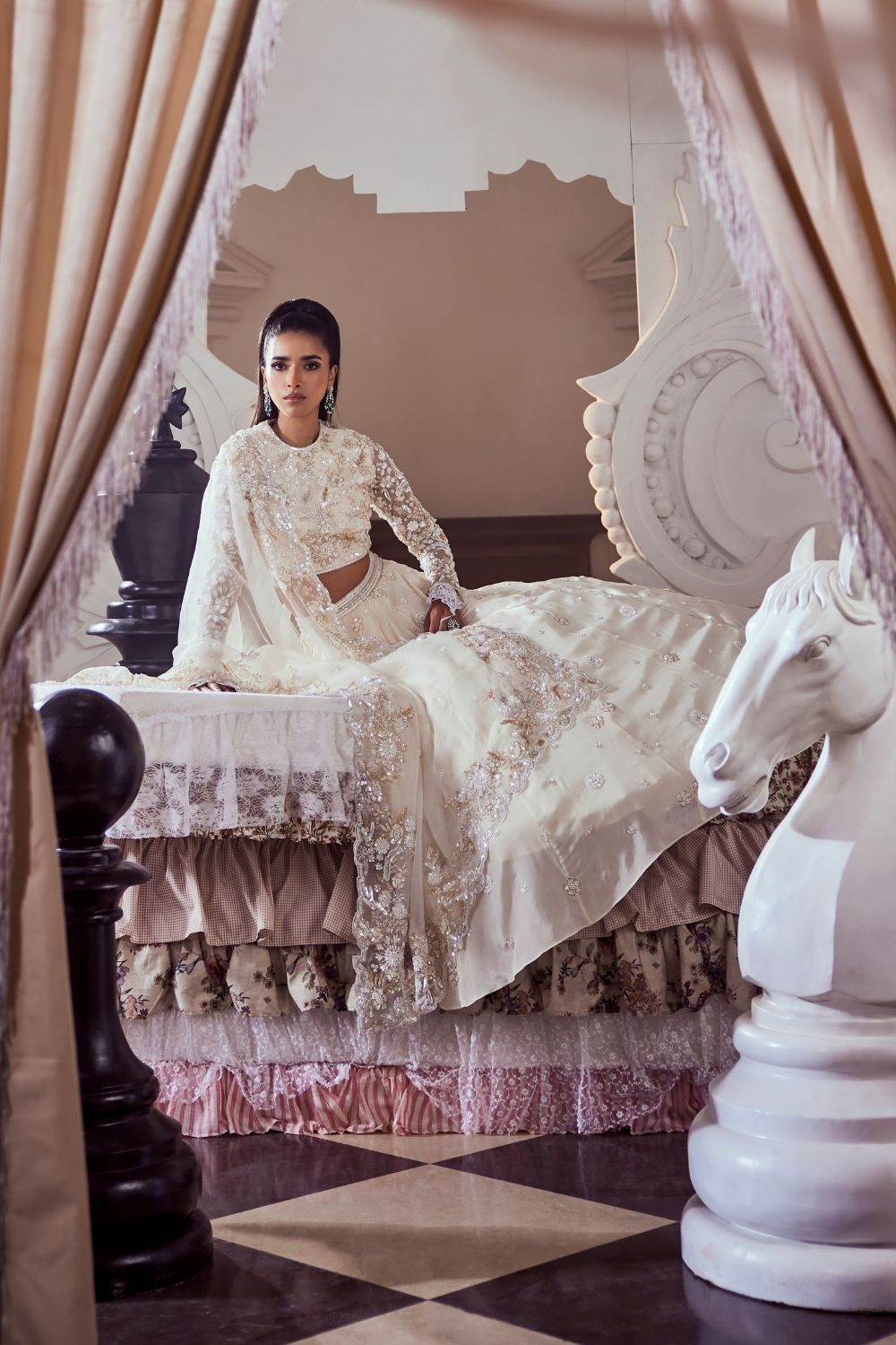 Cordelia Ivory Pearl Embellished Crepe and Net Lehenga Set with Zero Neckline