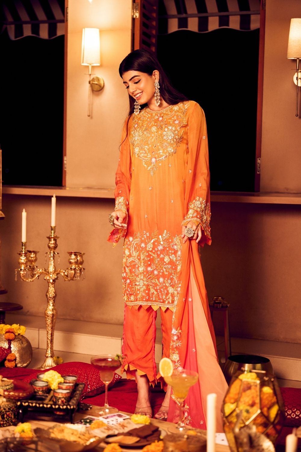 Saffron Glow Orange Viscose Organza Embellished Kurta Set with Dupatta
