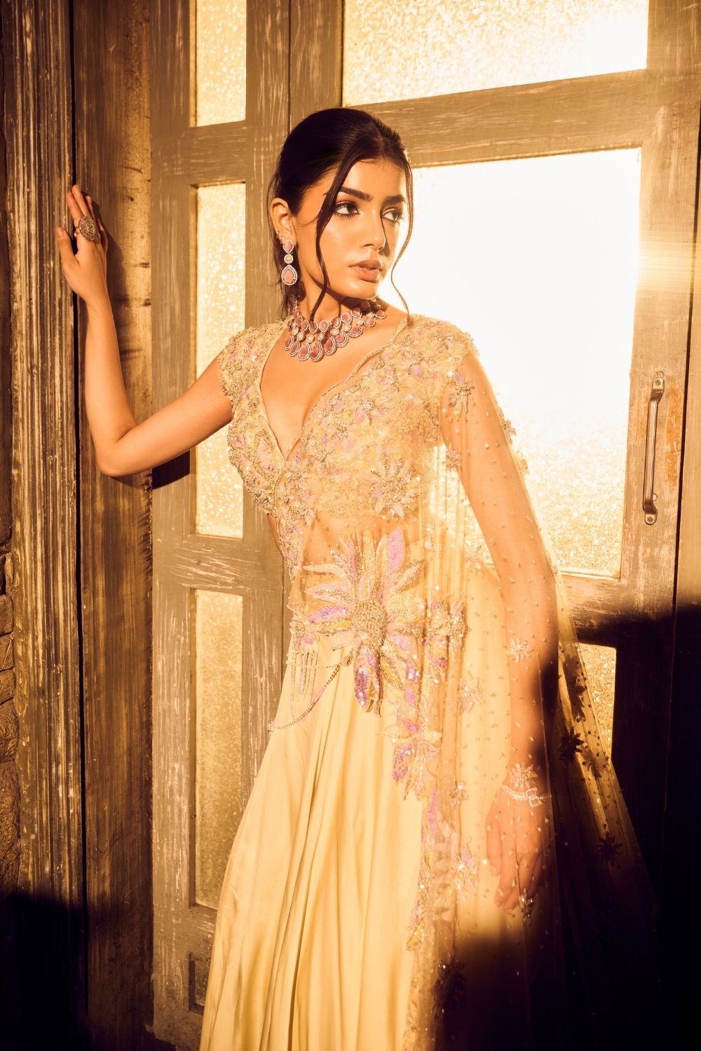 Lyra Green Ivory Ombre Embellished V-neck Satin Organza Net Lehenga with Dupatta