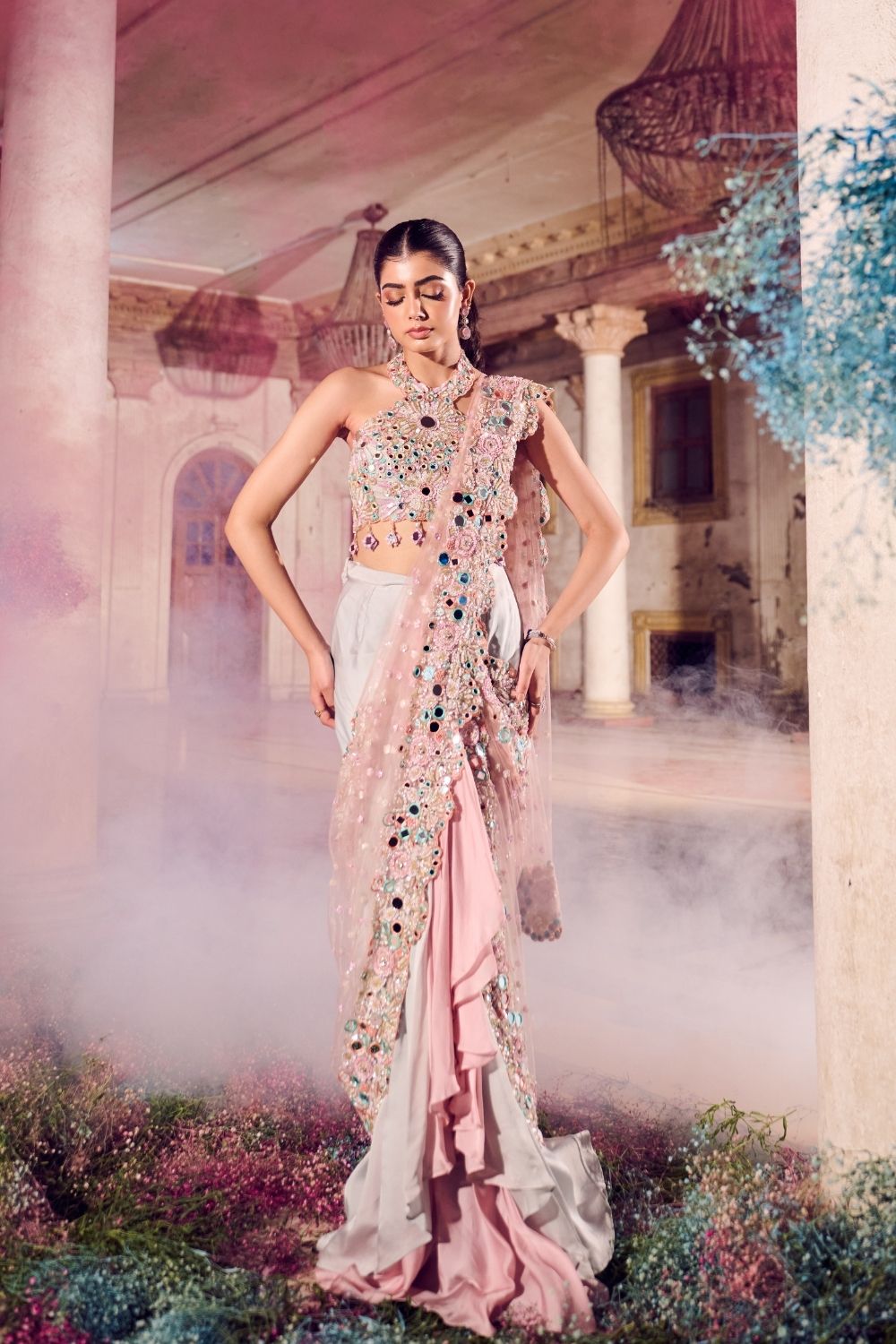 Madhur Rose Gold/Powder Blue Mirrorwork Pre-draped Saree