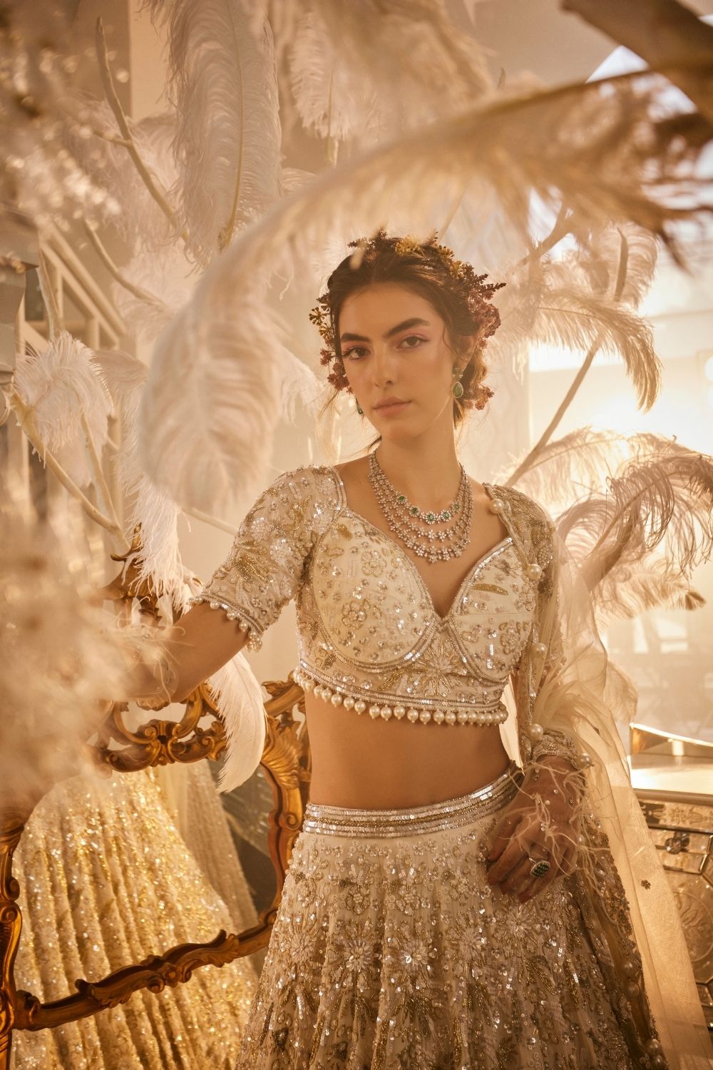 Aphrodite Ivory Embellished Crepe Lehenga and Sweetheart Neck Blouse and Dupatta