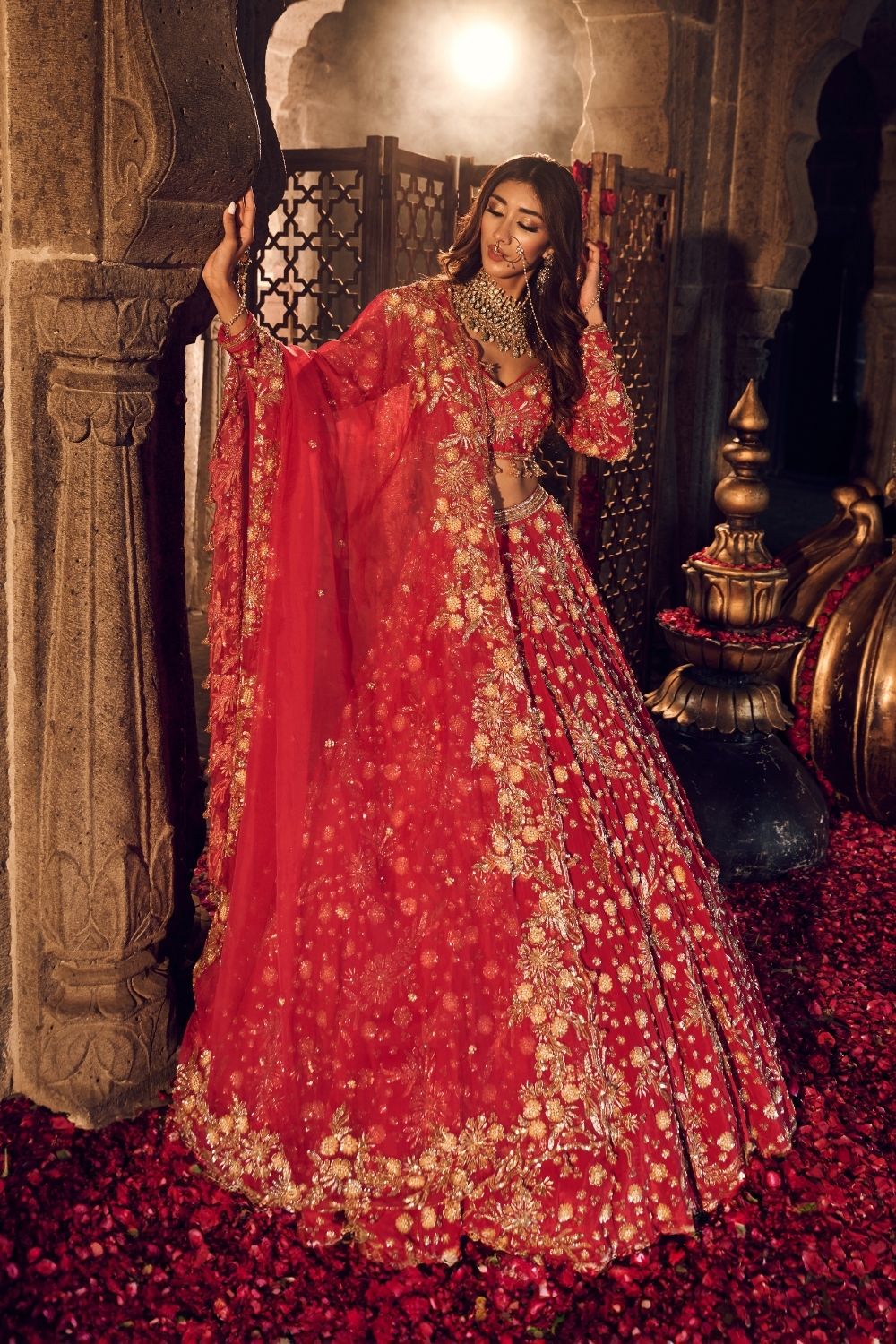 Makhfi Red Crepe Kora Organza Lining Shantoon Embellished Bridal Lehenga Set