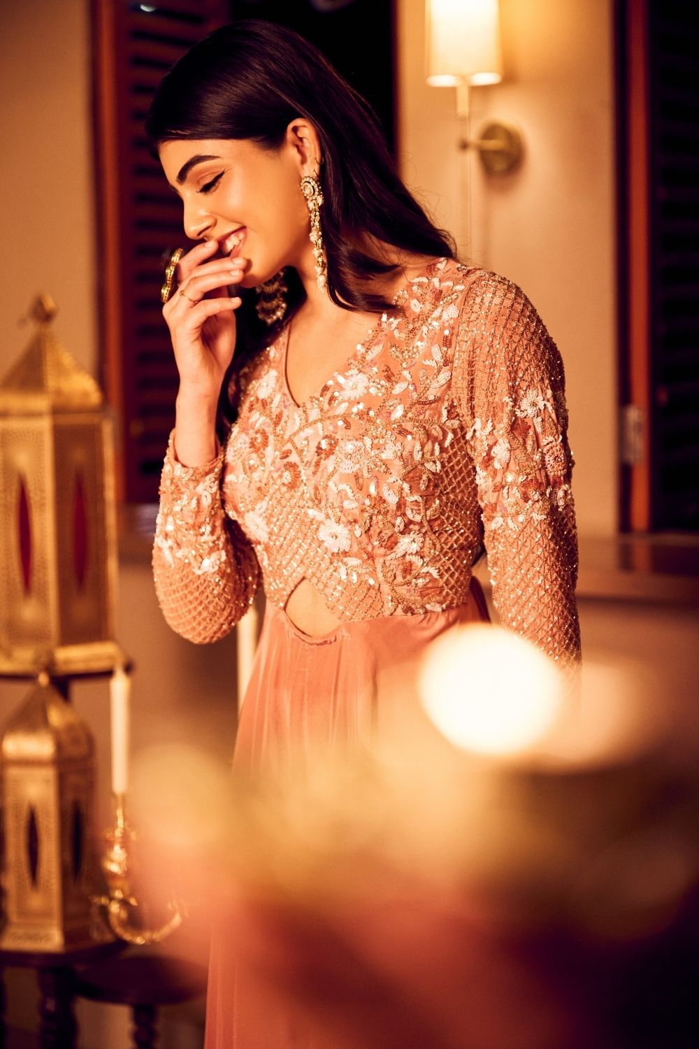 Rose Gold Reverie Crepe Embellished Cutdana Sequence Jumpsuit