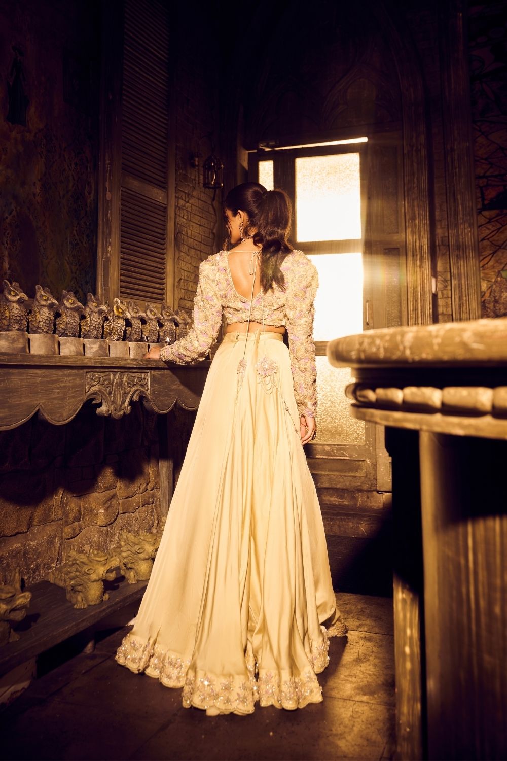 Ara Green Ivory Ombre Embellished V-neck Satin Organza Net Skirt with Crop Top