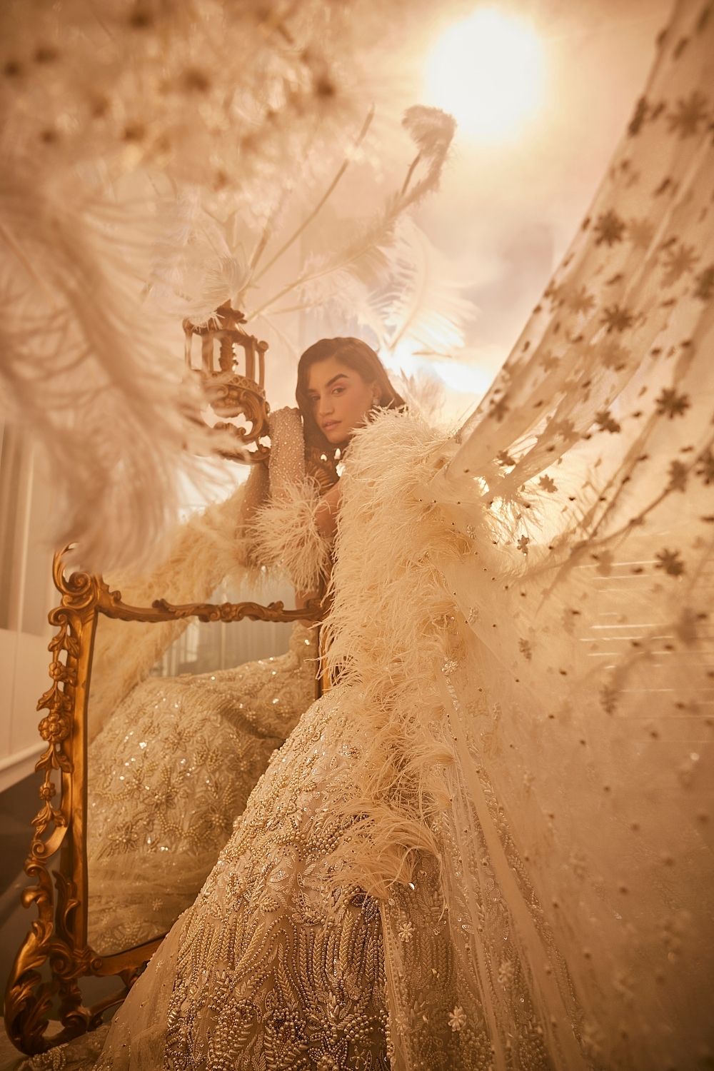 Demeter Ivory Embellished Net Lehenga and Leaf Neck Blouse with Dupatta