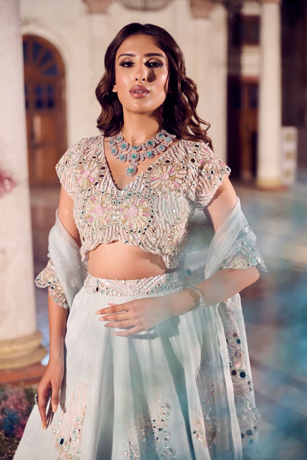 Darya Powder Blue Mirrorwork Lehenga with dupatta