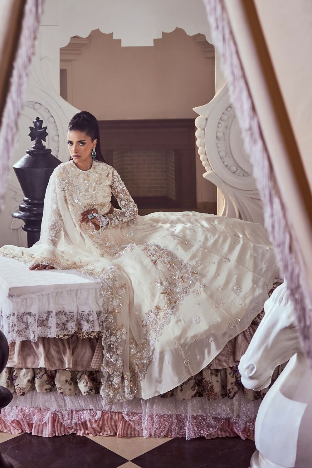 Cordelia Ivory Pearl Embellished Crepe and Net Lehenga Set with Zero Neckline