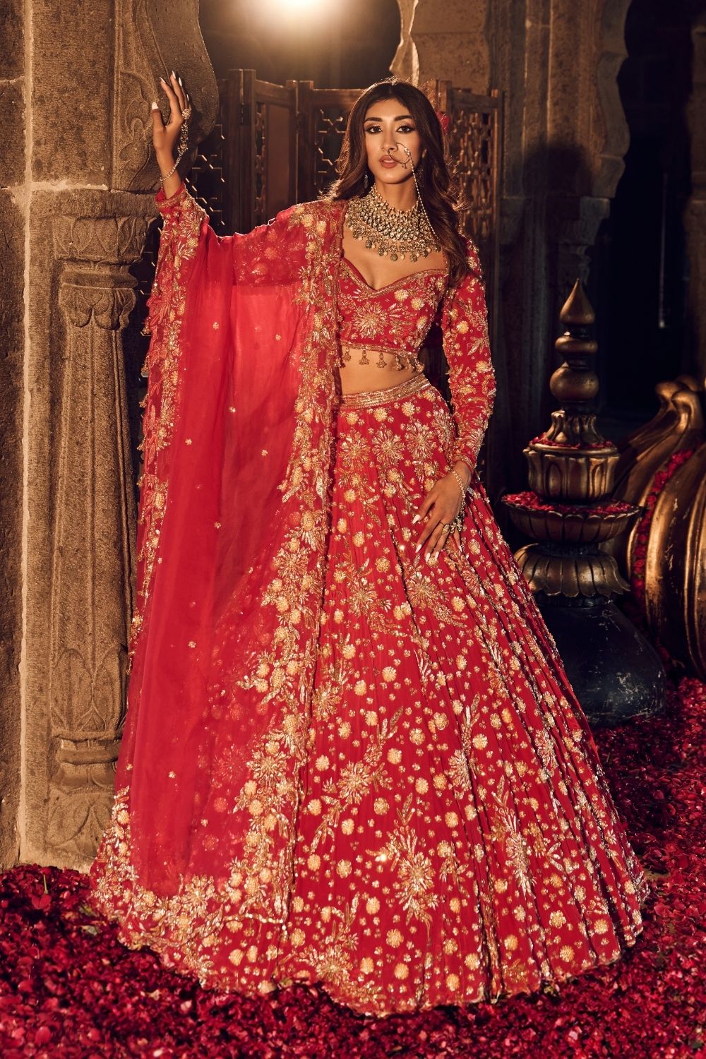 Makhfi Red Crepe Kora Organza Lining Shantoon Embellished Bridal Lehenga Set