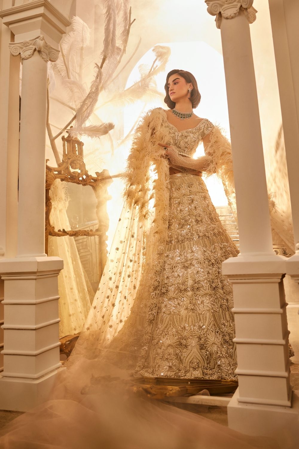 Demeter Ivory Embellished Net Lehenga and Leaf Neck Blouse with Dupatta