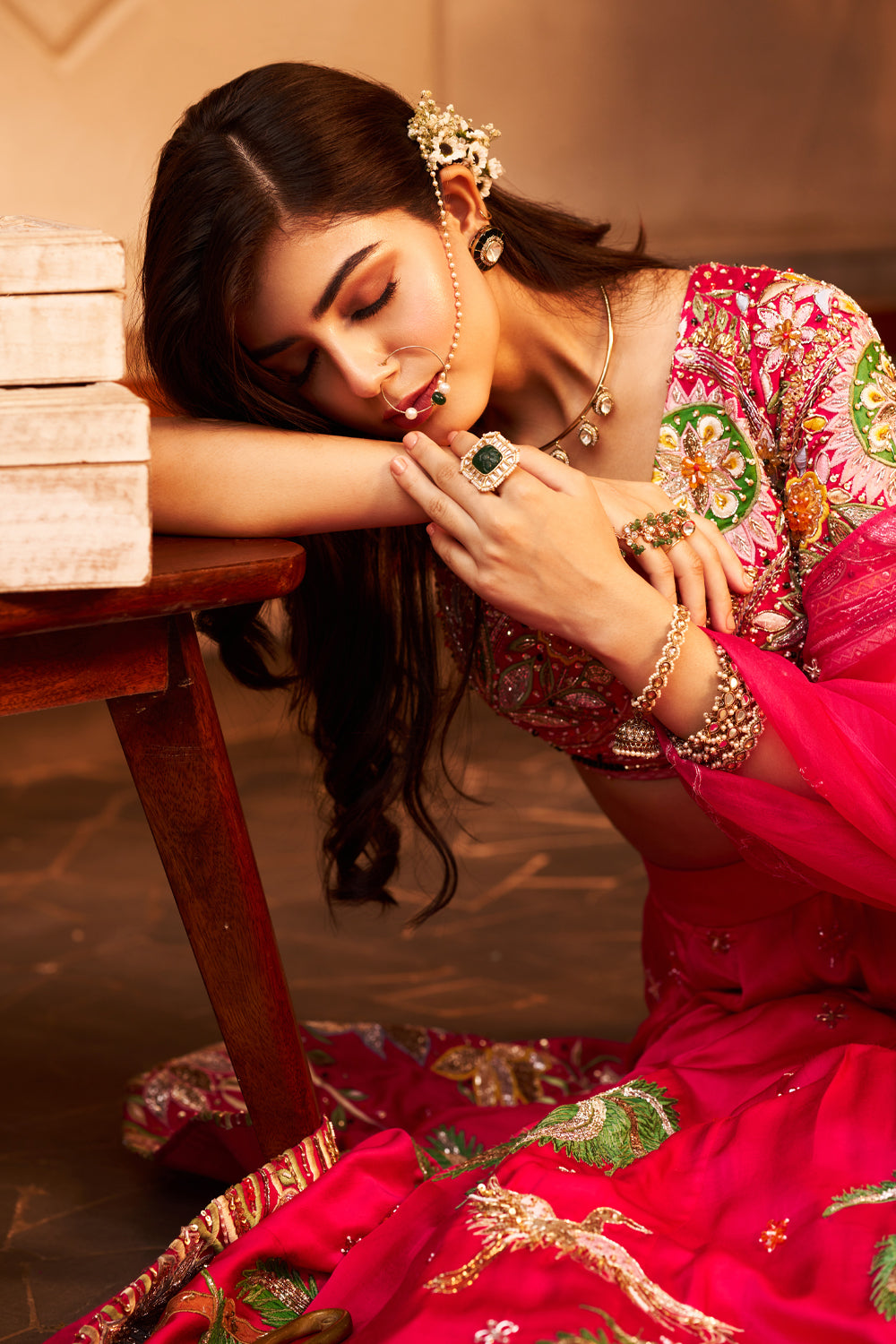 Arzoo Pink Kora Organza Palm Tree Embellishment & Embroidered Lehenga Set