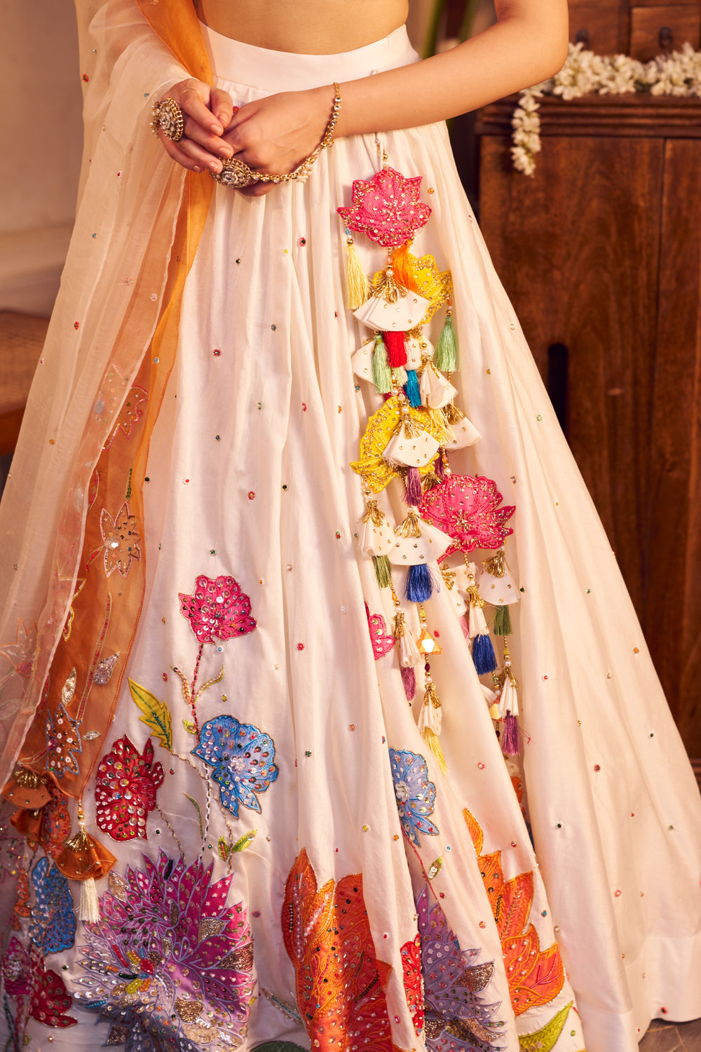 Tamannah Ivory Chanderi Embroidered Thread Square Floral Patchwork Lehenga Set